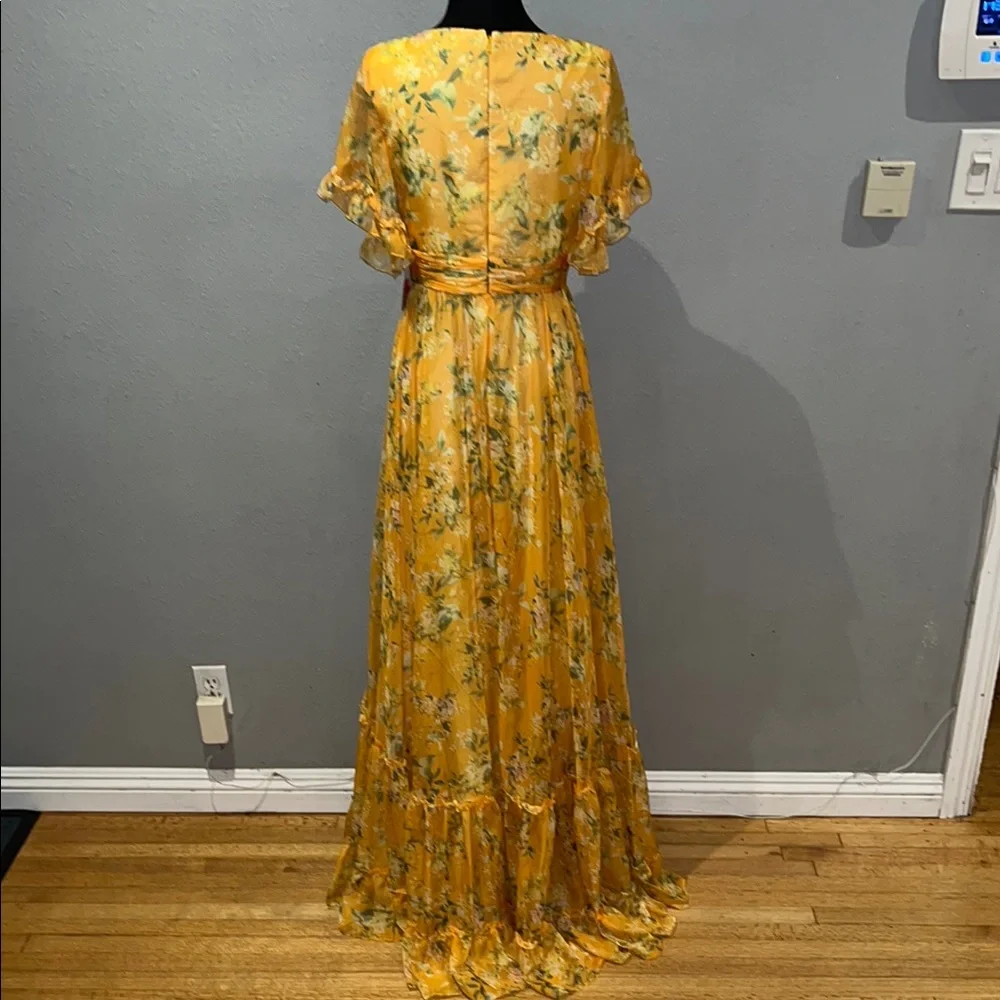 Mac Duggal Yellow Multicolor Flounce Sleeve Floral Maxi Dress NWT
